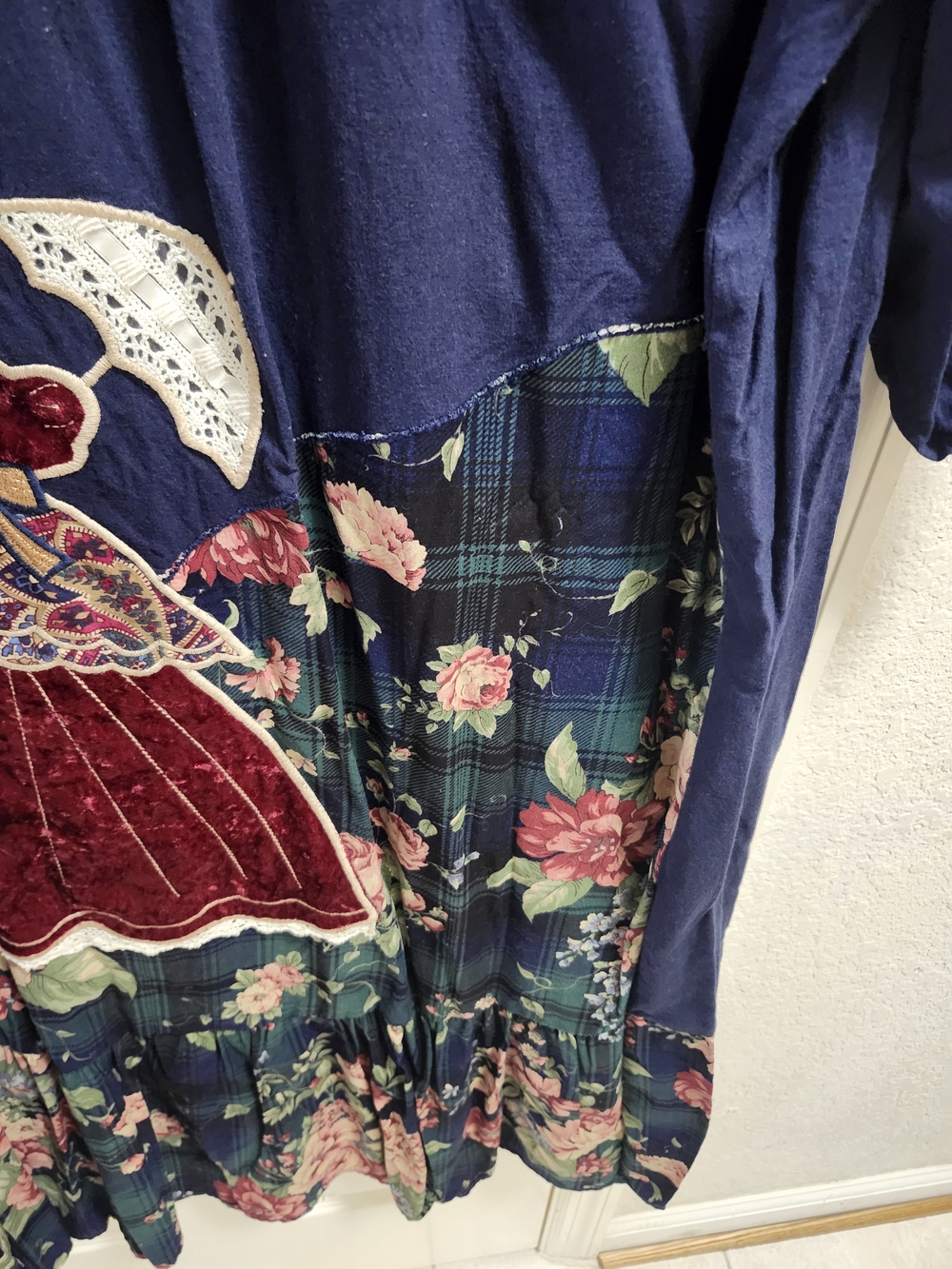 Vintage Boho Navy Floral Patchwork Midi MUMU with Appliqué 100% cotton Sz M - Picture 8 of 9